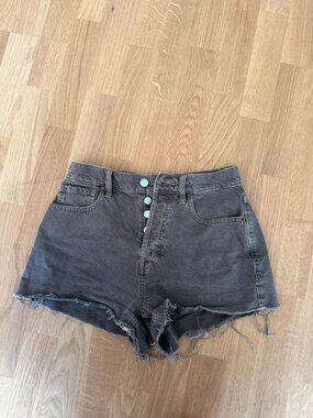 Charcoal High Waist Frayed Denim Shorts W26